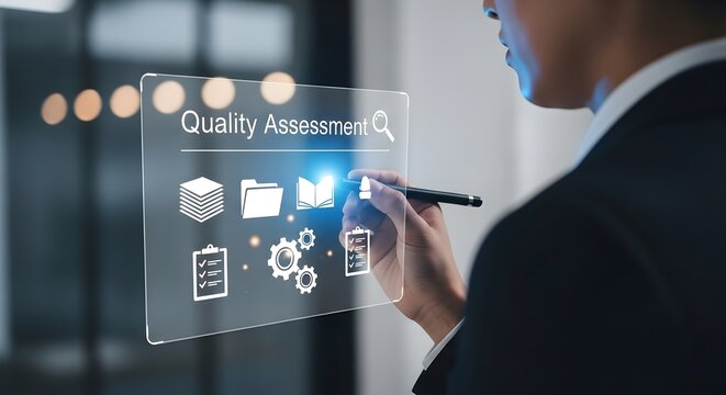 Business professional interacting with digital quality management interface