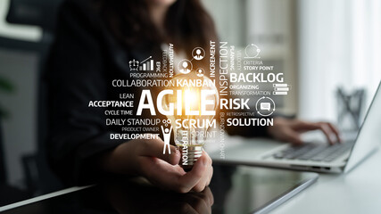 A hand holding a light bulb symbolizes innovation in project management with various agile terms, highlighting team collaboration and the importance of effective solutions. Tessel