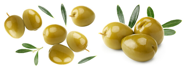 green olives with green leaves isolated on white background. clipping path