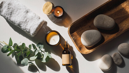 Serene spa setting with essential oils, glowing candles, and smooth stones for mindfulness and relaxation, perfect for wellness and self-care campaigns