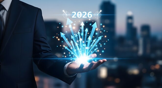 Businessman holding glowing upward arrows and year 2026
