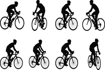 Fototapeta premium Set of cyclist silhouettes on road bikes. Vector collection of isolated athletes riding in various cycling action poses.