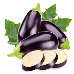 fresh eggplants with green leaves isolated on white background. clipping path