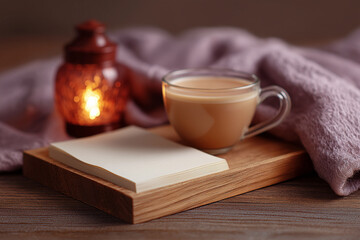 Cozy reading setup with open blank book and warm cup of tea on wooden tray beside soft glowing lantern
