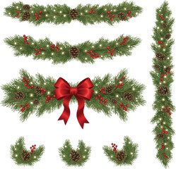 Red ribbon and gold baubles decorate a festive green pine branch for the Christmas holiday season