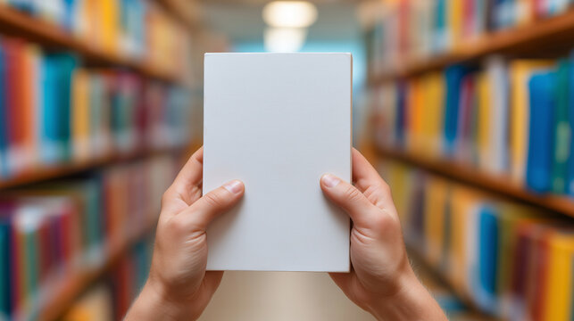 White blank book held by hands in colorful library aisle with blurred shelves creating focused scene
