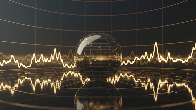 Dynamic stock market analysis globe with fluctuating data lines, financial insights for investors, investment strategies and data visualization