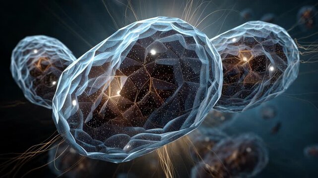 Abstract Crystal Cell Structure with Glowing Mitochondria, Futuristic Science, Dynamic Vibrant Microscopic Detail, Transparent Energy Atmosphere