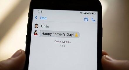 Father's Day Text Message on Smartphone Screen Dad Typing Reply messaging