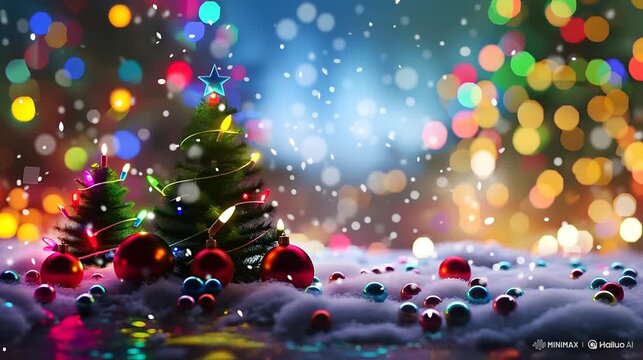 Mini Christmas Trees with Colorful Lights, Snow and Vibrant Festive Bokeh
