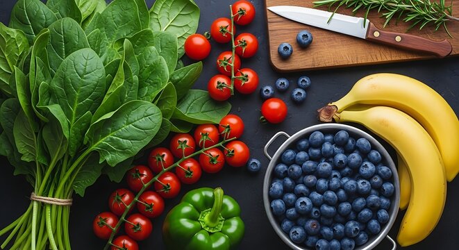 Fresh healthy produce displayed on a dark surface