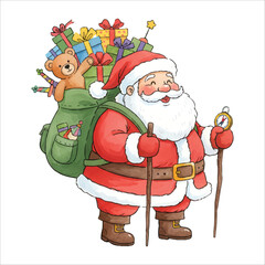 Santa Hiking with Backpack Watercolor Vector Illustration
