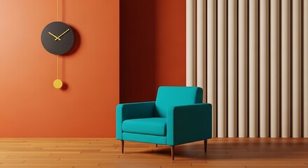 Modern teal armchair in a warm orange room with a pendulum clock