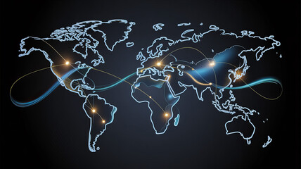 Global network connecting continents with glowing data streams, ideal for illustrating international business, logistics, or technology solutions with a modern touch