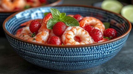Delicious bowl features succulent shrimp paired with fresh strawberries and mint, enhanced by zesty lime accents