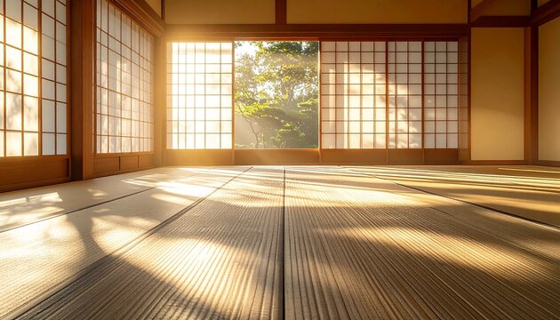 Traditional Japanese tatami room with shoji screens and warm morning sunlight