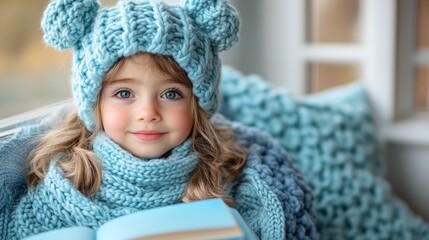 A joyful girl enjoys a winter afternoon, snug in a knitted outfit, as she immerses herself in a captivating book