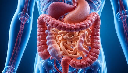 Detailed anatomical illustration of the human digestive system, showing intestines, stomach, and surrounding blood vessels with clear structure and vibrant medical visualization