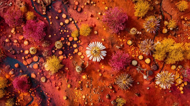 Arresting Flora in Crimson Landscape: An aerial view of a textured landscape dotted with a kaleidoscope of vibrant floral forms, offering a stunning display of color and form.