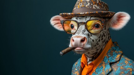 A charming cow in a fashionable suit and glasses poses confidently, embodying a whimsical blend of elegance and humor