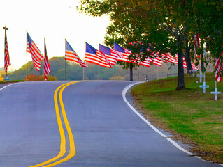 Road in Ringgold, Georgia lined with American flags waving in the wind for Veteran's Day