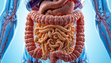 Detailed anatomical illustration of the human digestive system, showing intestines, stomach, and surrounding blood vessels with clear structure and vibrant medical visualization
