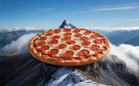 A pepperoni pizza sits atop a snowcapped mountain peak, a culinary adventure in nature