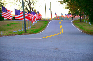 Road in Ringgold, Georgia lined with American flags waving in the wind for Veteran's Day