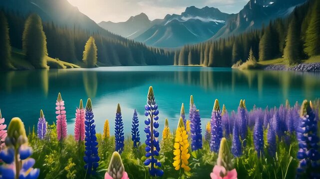 Serene Mountain Lake Landscape with Vibrant Lupine Flowers in the Foreground Keywords: nature, landscape, mountain, lake, water
