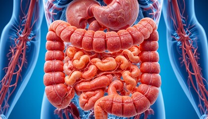 Detailed anatomical illustration of the human digestive system, showing intestines, stomach, and surrounding blood vessels with clear structure and vibrant medical visualization