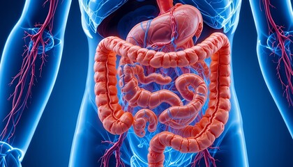 Detailed anatomical illustration of the human digestive system, showing intestines, stomach, and surrounding blood vessels with clear structure and vibrant medical visualization
