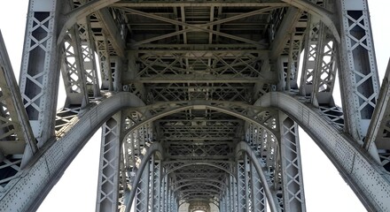 Fototapeta premium Intricate Steel Structure and Arches of a Large Bridge Seen from a Low Angle