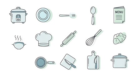 Kitchen utensils cooking tools vector illustration set for culinary blog and food website design