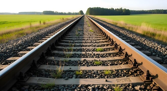 Parallel Train Tracks Converging into the Distance Through a Lush Green Rural Landscape
