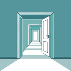 Vector illustration of open doors in long hallway symbolizing choices and path