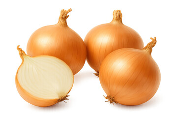 Group of whole brown onions and one chopped half, showcasing fresh cooking ingredients on a transparent background