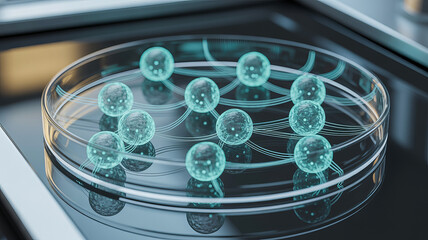Innovative scientific research with glowing cells in petri dish for groundbreaking discovery, cutting-edge bio technology solution for future innovation