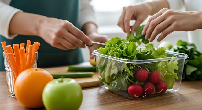 Hands preparing a fresh healthy salad with fruits and vegetables - Powered by Adobe