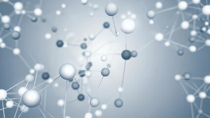 Abstract molecular structure illustration with interconnected spheres representing science technology and connections set against a blurred gray gradient background - Powered by Adobe
