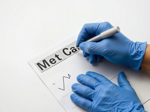 Medical professional writing on a report with blue gloves  