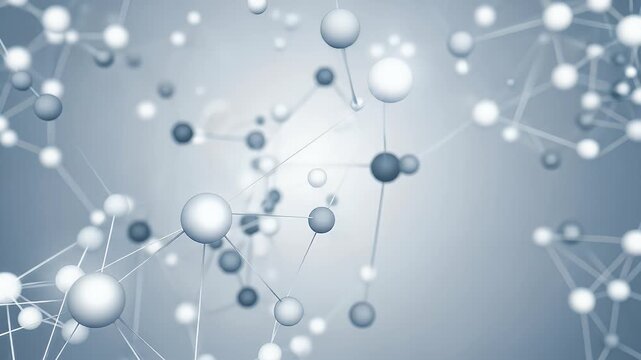 Abstract molecular structure illustration with interconnected spheres representing science technology and connections set against a blurred gray gradient background