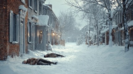 Fototapeta premium cozy snow angels in yard in an old-fashioned town,