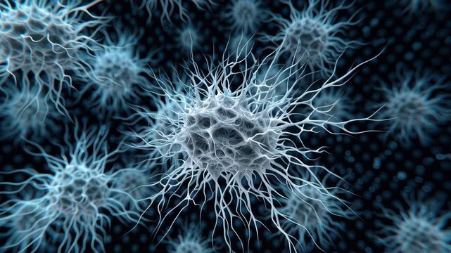 Microscopic view of neuron cell network with electric field effect, abstract blue neural network structure, dynamic science and technology concept