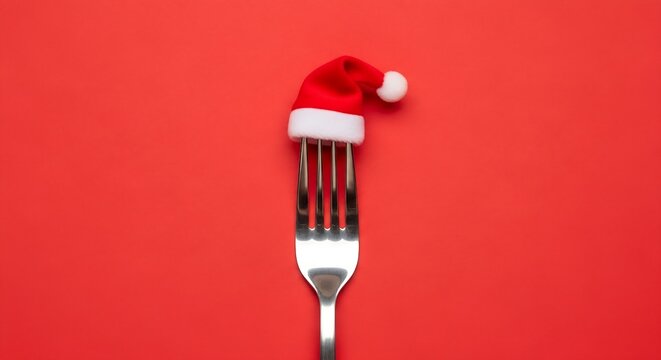 Cutlery fork wearing a red festive father christmas santa hat, wallpaper Christmas dinner Background - Powered by Adobe