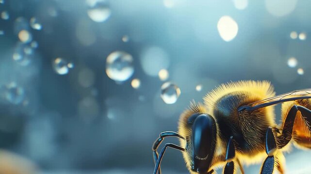 A bee gathers nectar from a vibrant honeycomb, droplets of water glistening in the background as soft light enhances the natural beauty of the scene.