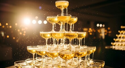 Sparkling champagne tower creates an elegant and festive celebration centerpiece.