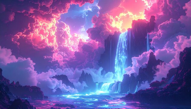 A breathtaking landscape with a cascading waterfall, vibrant pink, purple, and blue clouds, and a dreamy ethereal quality