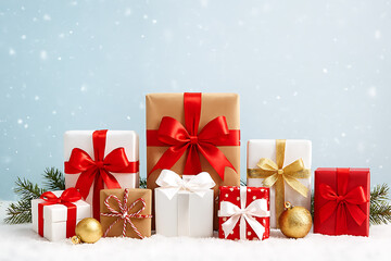 Beautifully wrapped presents arranged on snowy surface create a festive holiday atmosphere, perfect for Christmas promotions and seasonal marketing campaigns