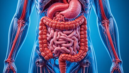 Detailed anatomical illustration of the human digestive system, showing intestines, stomach, and surrounding blood vessels with clear structure and vibrant medical visualization