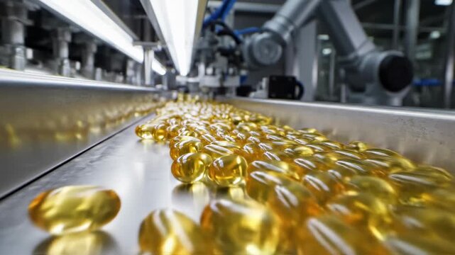 Industrial close-up video footage of softgel capsules moving along an automated production line, representing pharmaceutical manufacturing, automation, and medical supply distribution.
